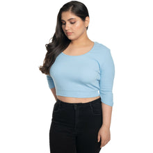 Load image into Gallery viewer, Hosiery Blouse- XXL Deep Round Neck (Elbow Sleeves) - Sky Blue - Blouse featured