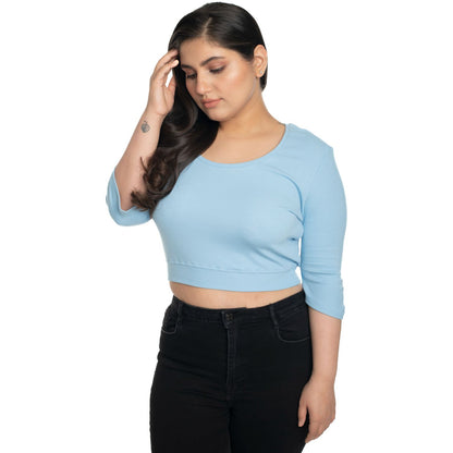 Hosiery Blouse- XXL Deep Round Neck (Elbow Sleeves) - Sky Blue - Blouse featured