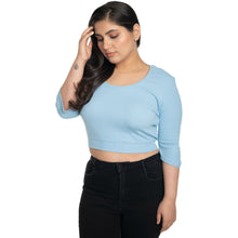 Load image into Gallery viewer, Hosiery Blouse- XXL Deep Round Neck (Elbow Sleeves) - Sky Blue - Blouse featured