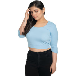 Hosiery Blouse- XXL Deep Round Neck (Elbow Sleeves) - Sky Blue - Blouse featured