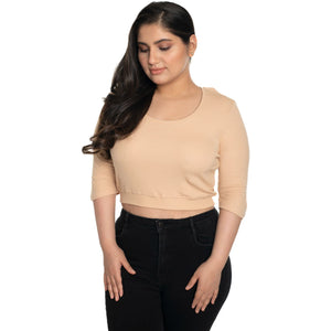 Hosiery Blouse- XXL Deep Round Neck (Elbow Sleeves) - Tan - Blouse featured
