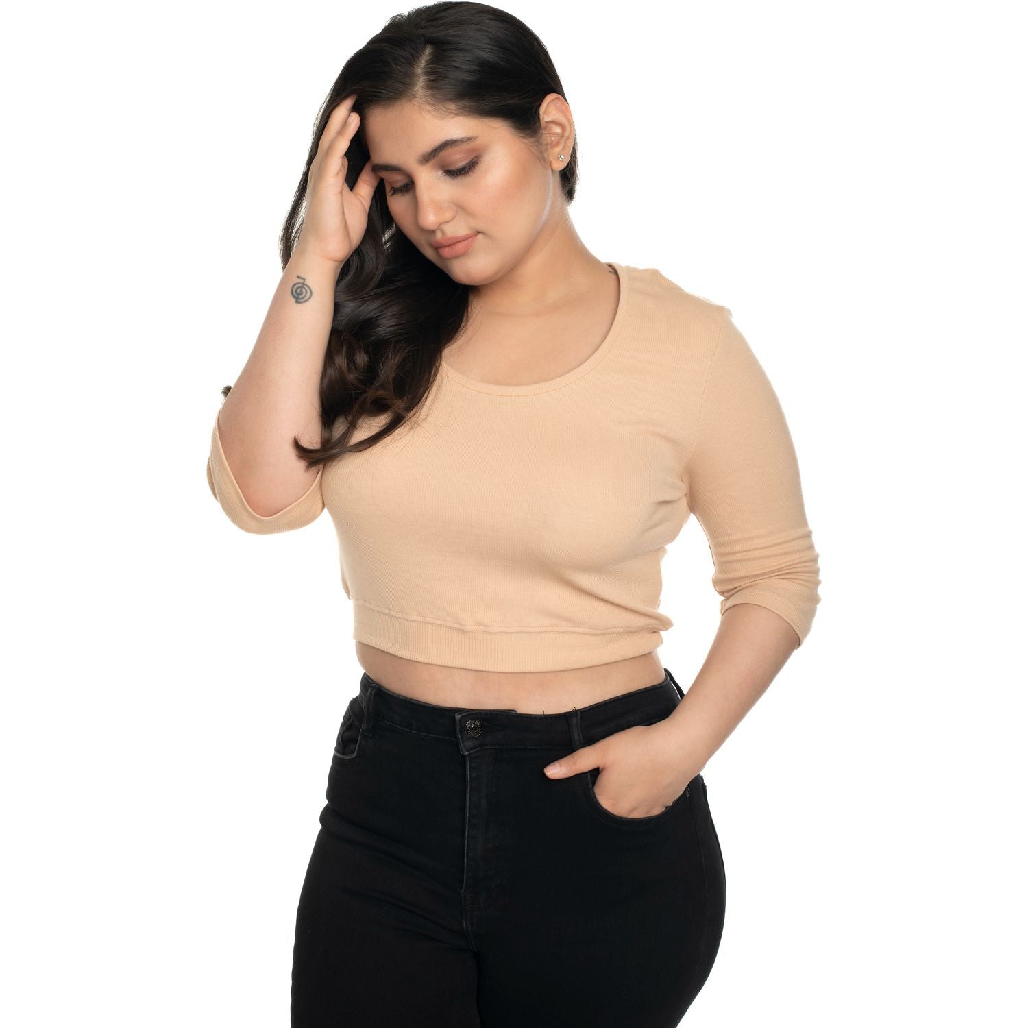 Hosiery Blouse- XXL Deep Round Neck (Elbow Sleeves) - Tan - Blouse featured