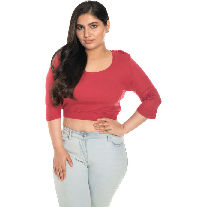 Hosiery Blouse- XXL Deep Round Neck (Elbow Sleeves) - Vermillion Red - Blouse featured