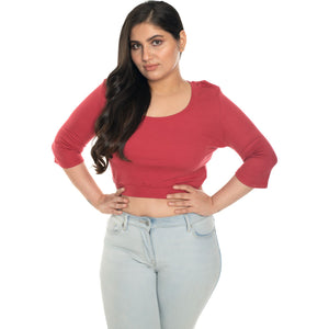 Hosiery Blouse- XXL Deep Round Neck (Elbow Sleeves) - Vermillion Red - Blouse featured
