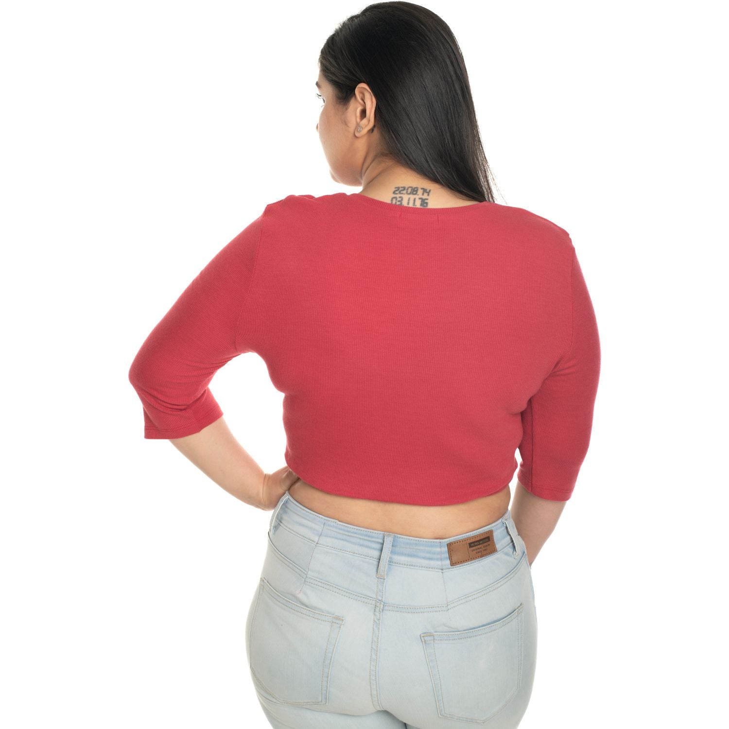 Hosiery Blouse- XXL Deep Round Neck (Elbow Sleeves) - Vermillion Red - Blouse featured