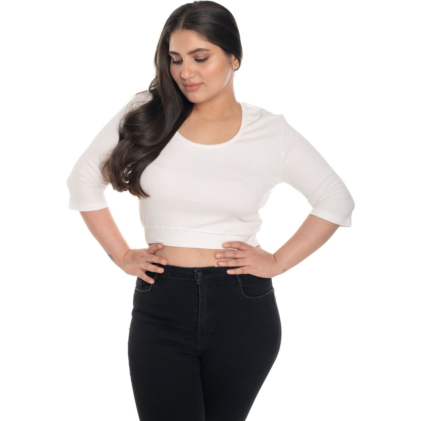 Hosiery Blouse- XXL Deep Round Neck (Elbow Sleeves) - White - Blouse featured