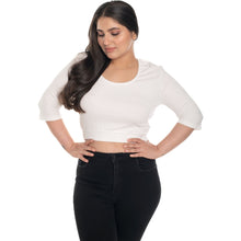Load image into Gallery viewer, Hosiery Blouse- XXL Deep Round Neck (Elbow Sleeves) - White - Blouse featured