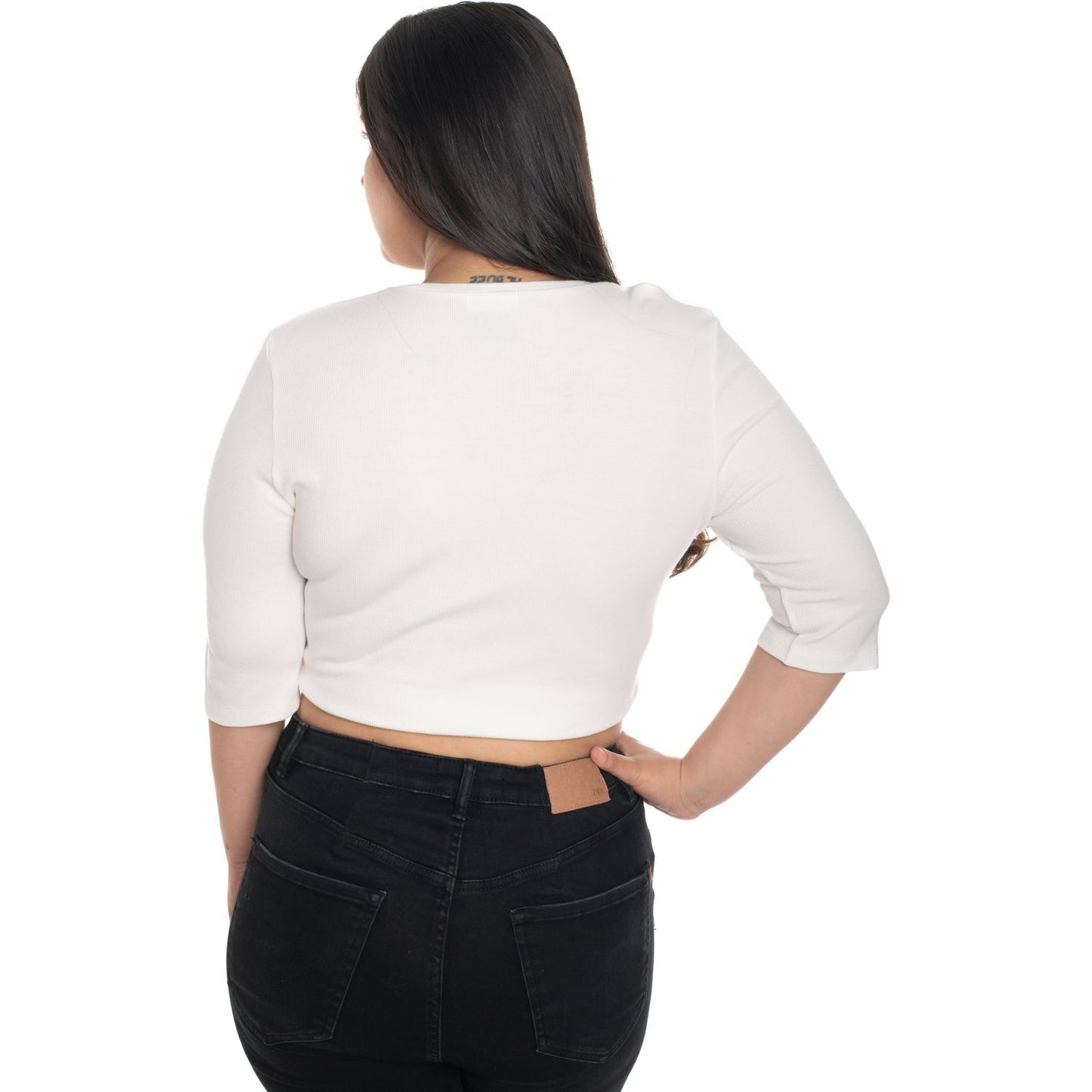 Hosiery Blouse- XXL Deep Round Neck (Elbow Sleeves) - White - Blouse featured