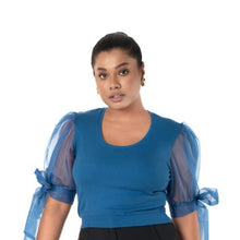 Load image into Gallery viewer, Round neck Blouses with Bow Tied-up Sleeves - Azure Blue - Blouse  featured