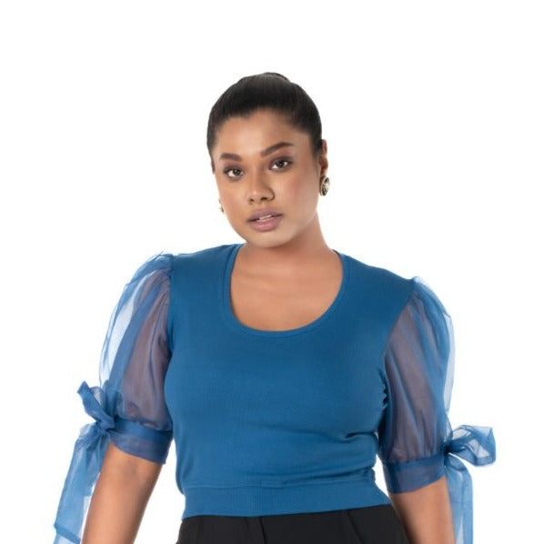 Round neck Blouses with Bow Tied-up Sleeves - Azure Blue - Blouse  featured