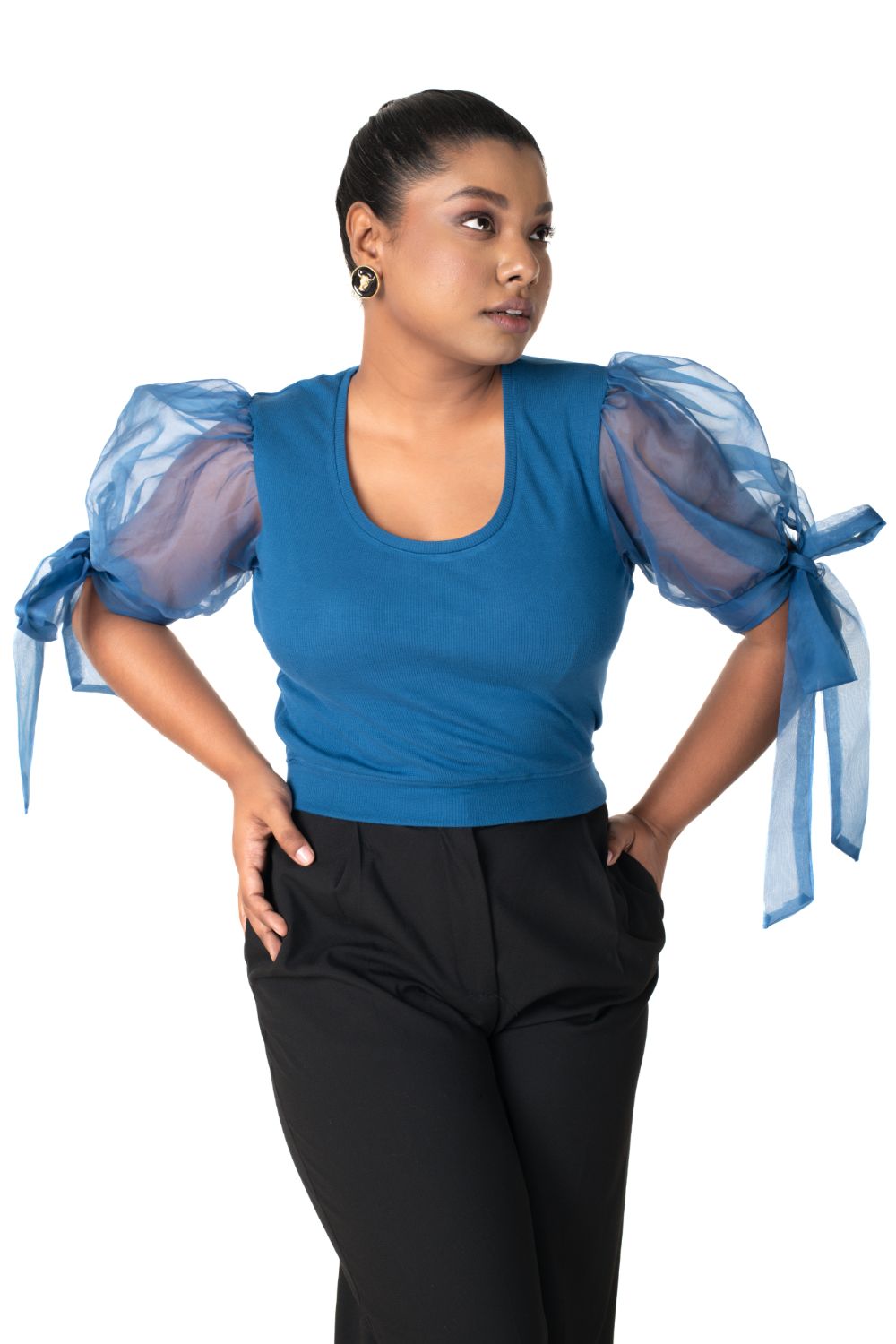 Round neck Blouses with Bow Tied-up Sleeves- Plus Size - Azure Blue - Blouse featured