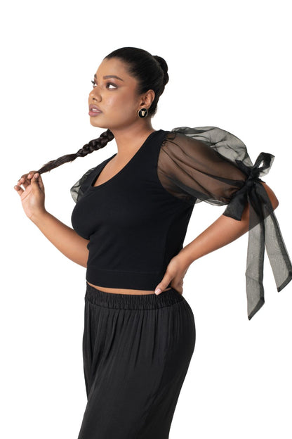 Round neck Blouses with Bow Tied-up Sleeves- Plus Size - Black - Blouse featured