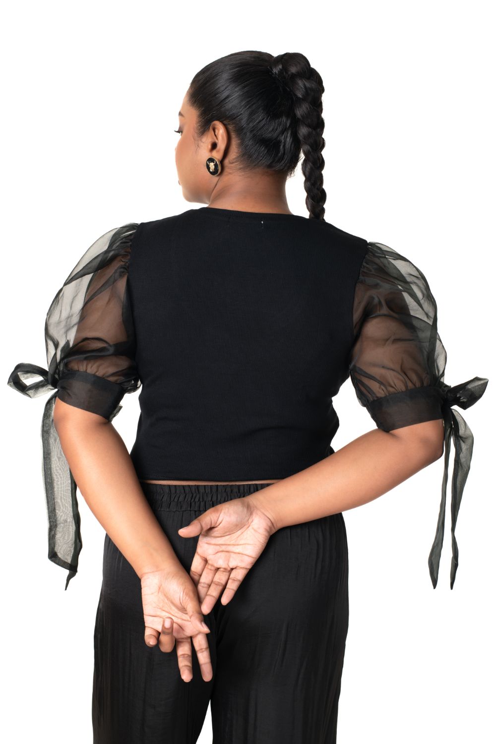 Round neck Blouses with Bow Tied-up Sleeves- Plus Size - Black - Blouse featured