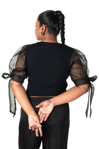 Round neck Blouses with Bow Tied-up Sleeves- Plus Size - Black - Blouse featured