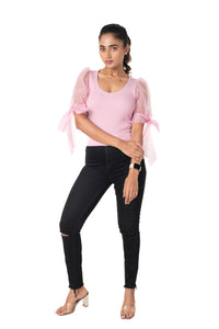 Round neck Blouses with Bow Tied-up Sleeves - Blush Pink - Blouse featured