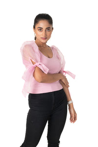 Round neck Blouses with Bow Tied-up Sleeves- Plus Size - Blush Pink - Blouse featured