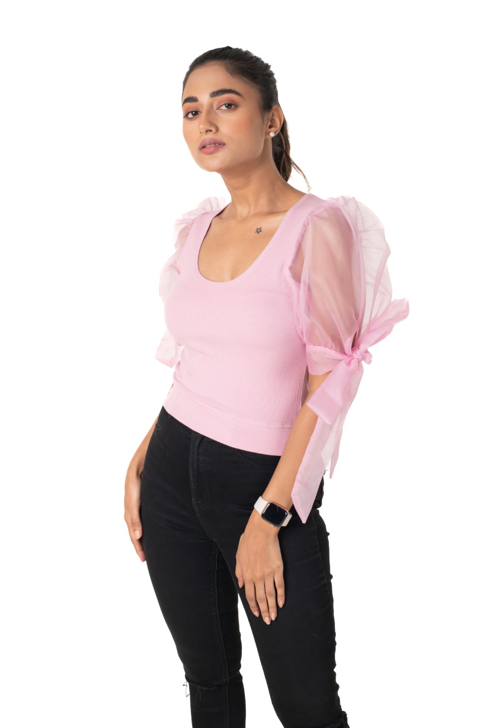 Round neck Blouses with Bow Tied-up Sleeves- Plus Size - Blush Pink - Blouse featured
