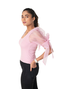 Round neck Blouses with Bow Tied-up Sleeves- Plus Size - Blush Pink - Blouse featured