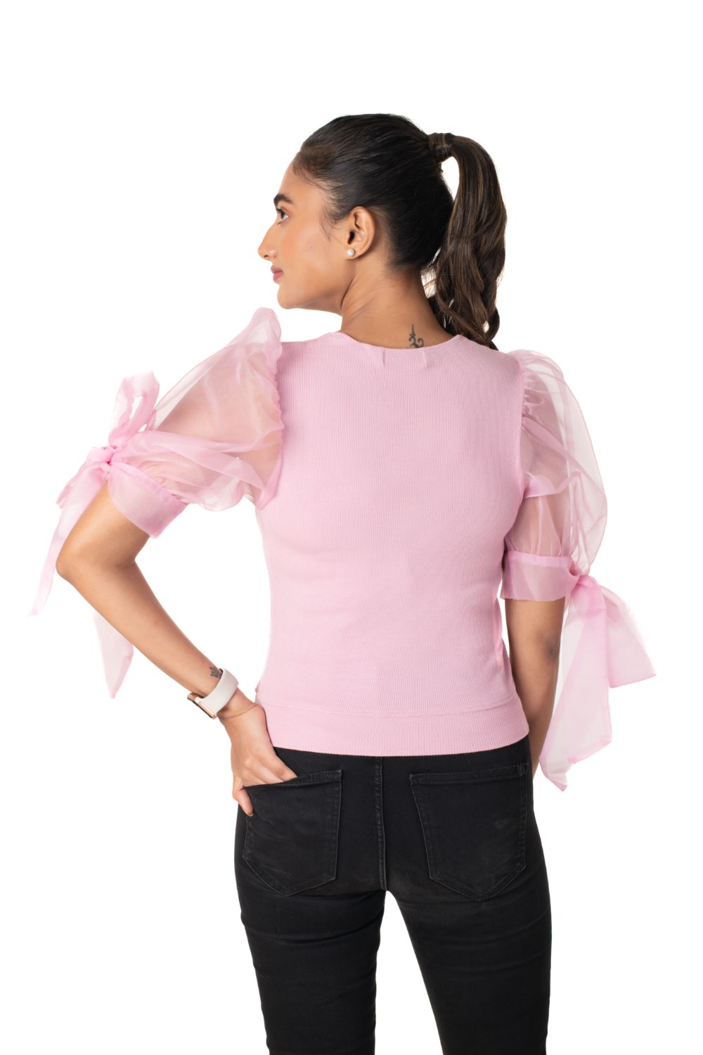 Round neck Blouses with Bow Tied-up Sleeves- Plus Size - Blush Pink - Blouse featured