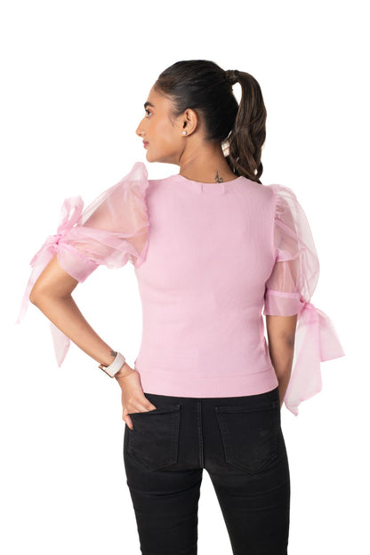 Round neck Blouses with Bow Tied-up Sleeves- Plus Size - Blush Pink - Blouse featured