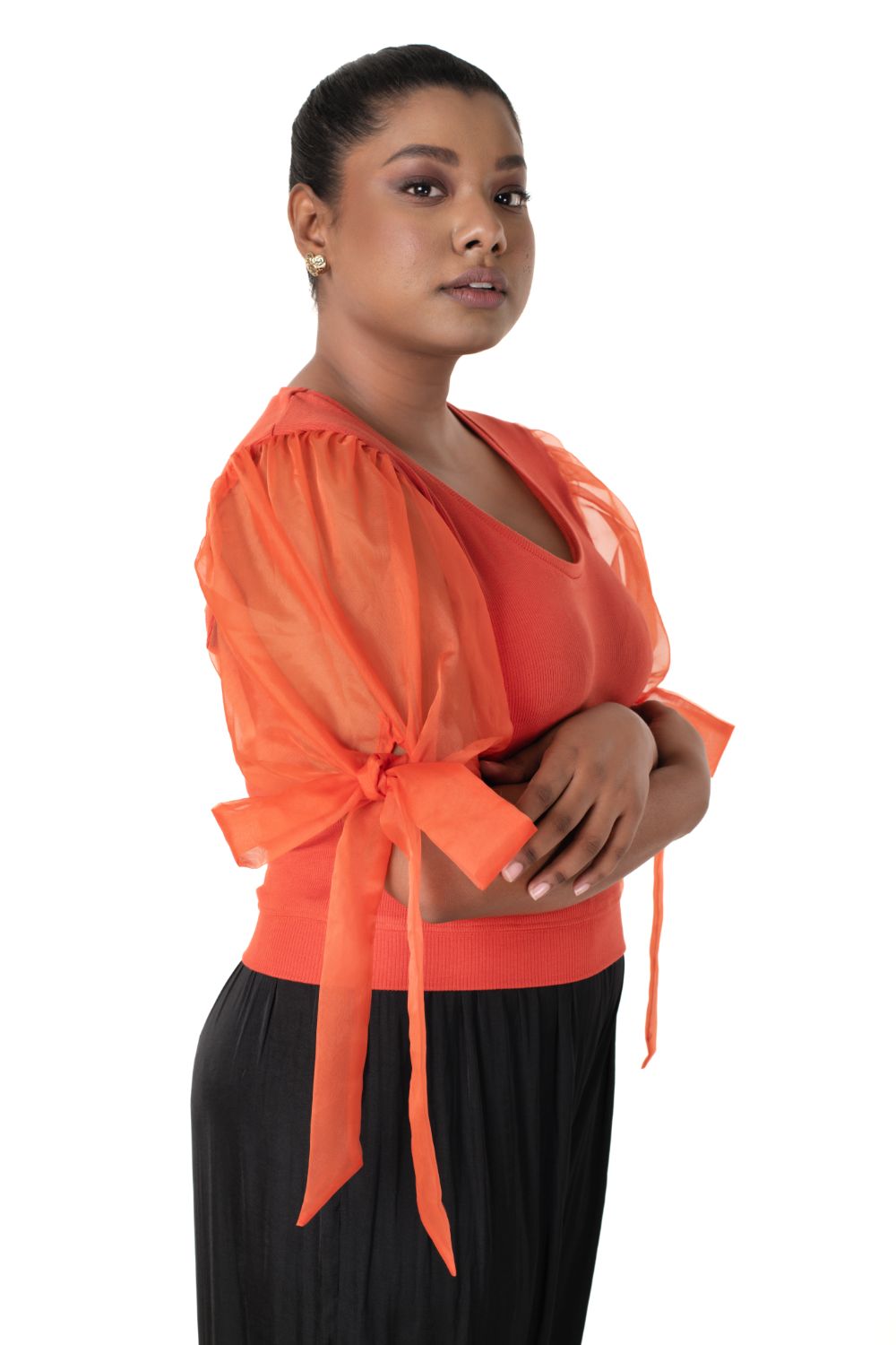 Round neck Blouses with Bow Tied-up Sleeves- Plus Size - Brick Red - Blouse featured