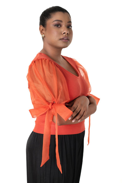 Round neck Blouses with Bow Tied-up Sleeves- Plus Size - Brick Red - Blouse featured