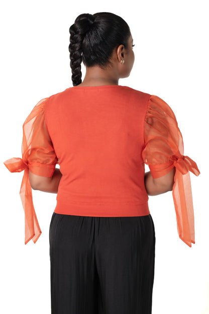 Round neck Blouses with Bow Tied-up Sleeves- Plus Size - Brick Red - Blouse featured