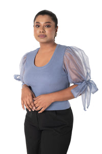Round neck Blouses with Bow Tied-up Sleeves- Plus Size - Brilliant Blue - Blouse featured