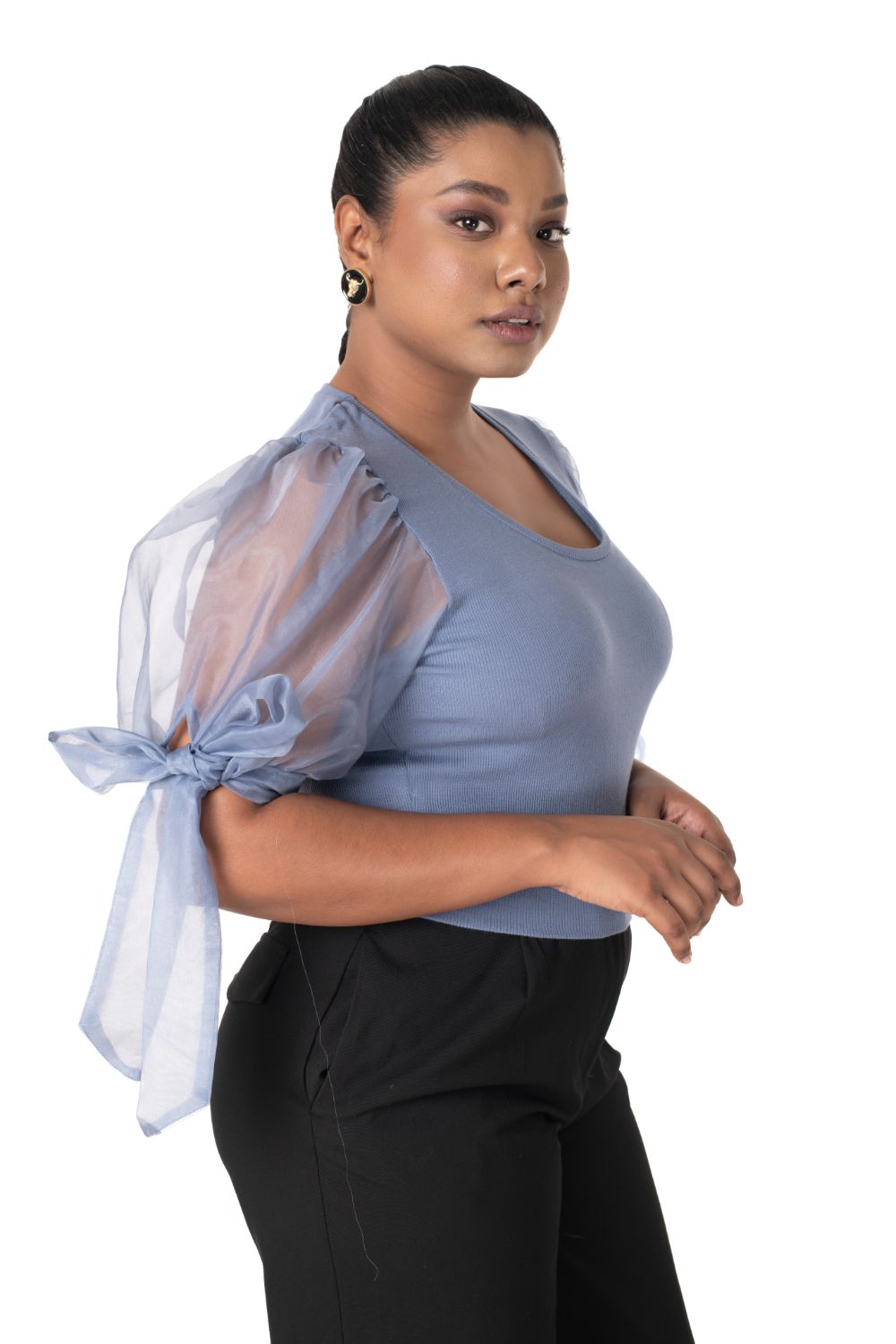 Round neck Blouses with Bow Tied-up Sleeves- Plus Size - Brilliant Blue - Blouse featured