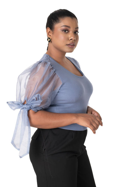 Round neck Blouses with Bow Tied-up Sleeves- Plus Size - Brilliant Blue - Blouse featured