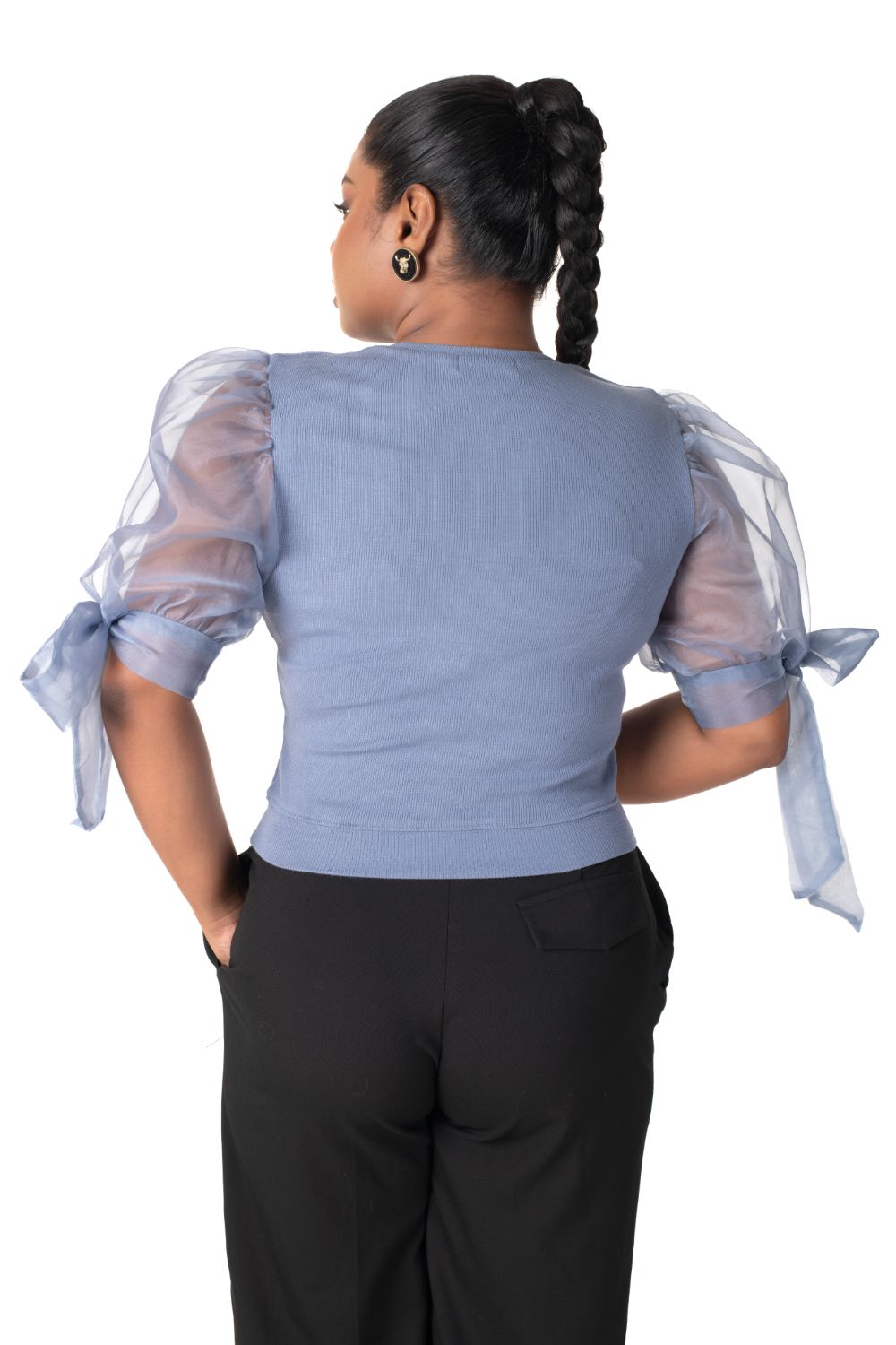 Round neck Blouses with Bow Tied-up Sleeves- Plus Size - Brilliant Blue - Blouse featured