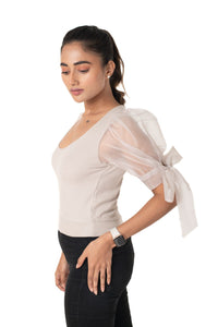 Round neck Blouses with Bow Tied-up Sleeves- Plus Size - Calm Ivory - Blouse featured
