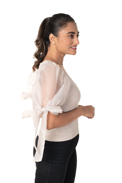 Round neck Blouses with Bow Tied-up Sleeves- Plus Size - Calm Ivory - Blouse featured