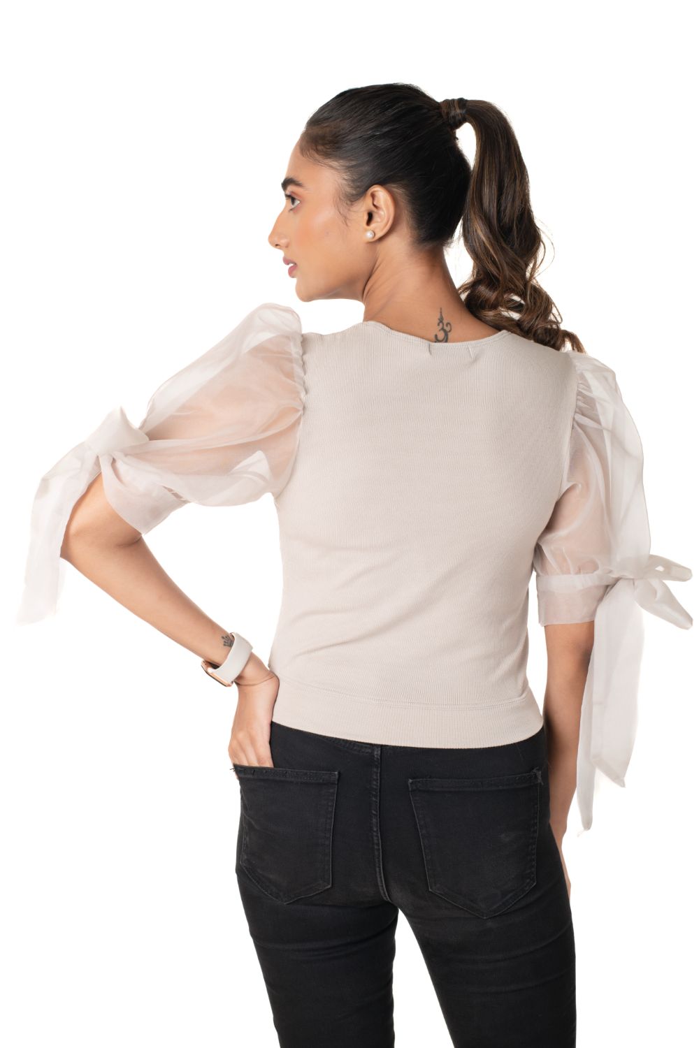 Round neck Blouses with Bow Tied-up Sleeves- Plus Size - Calm Ivory - Blouse featured