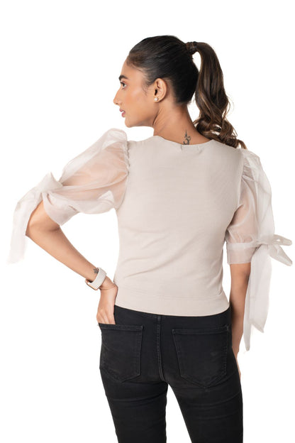 Round neck Blouses with Bow Tied-up Sleeves- Plus Size - Calm Ivory - Blouse featured