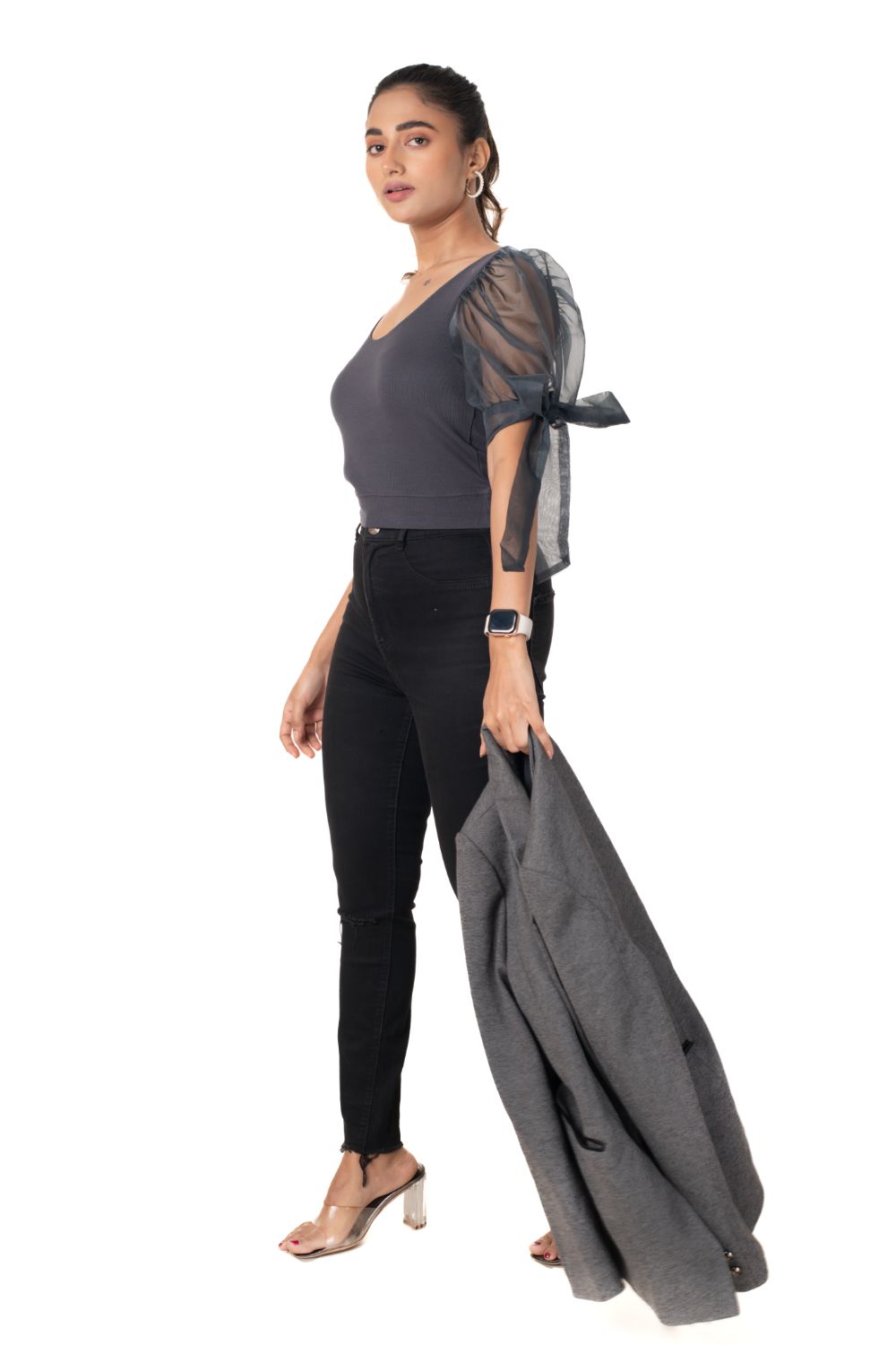 Round neck Blouses with Bow Tied-up Sleeves- Plus Size - Clay Grey - Blouse featured