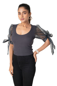 Round neck Blouses with Bow Tied-up Sleeves- Plus Size - Clay Grey - Blouse featured