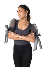 Load image into Gallery viewer, Round neck Blouses with Bow Tied-up Sleeves - Clay Grey - Blouse featured