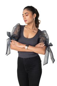 Round neck Blouses with Bow Tied-up Sleeves - Clay Grey - Blouse featured