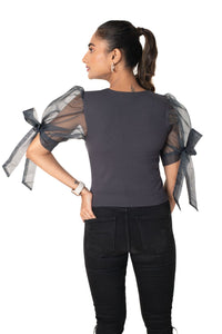Round neck Blouses with Bow Tied-up Sleeves - Clay Grey - Blouse featured