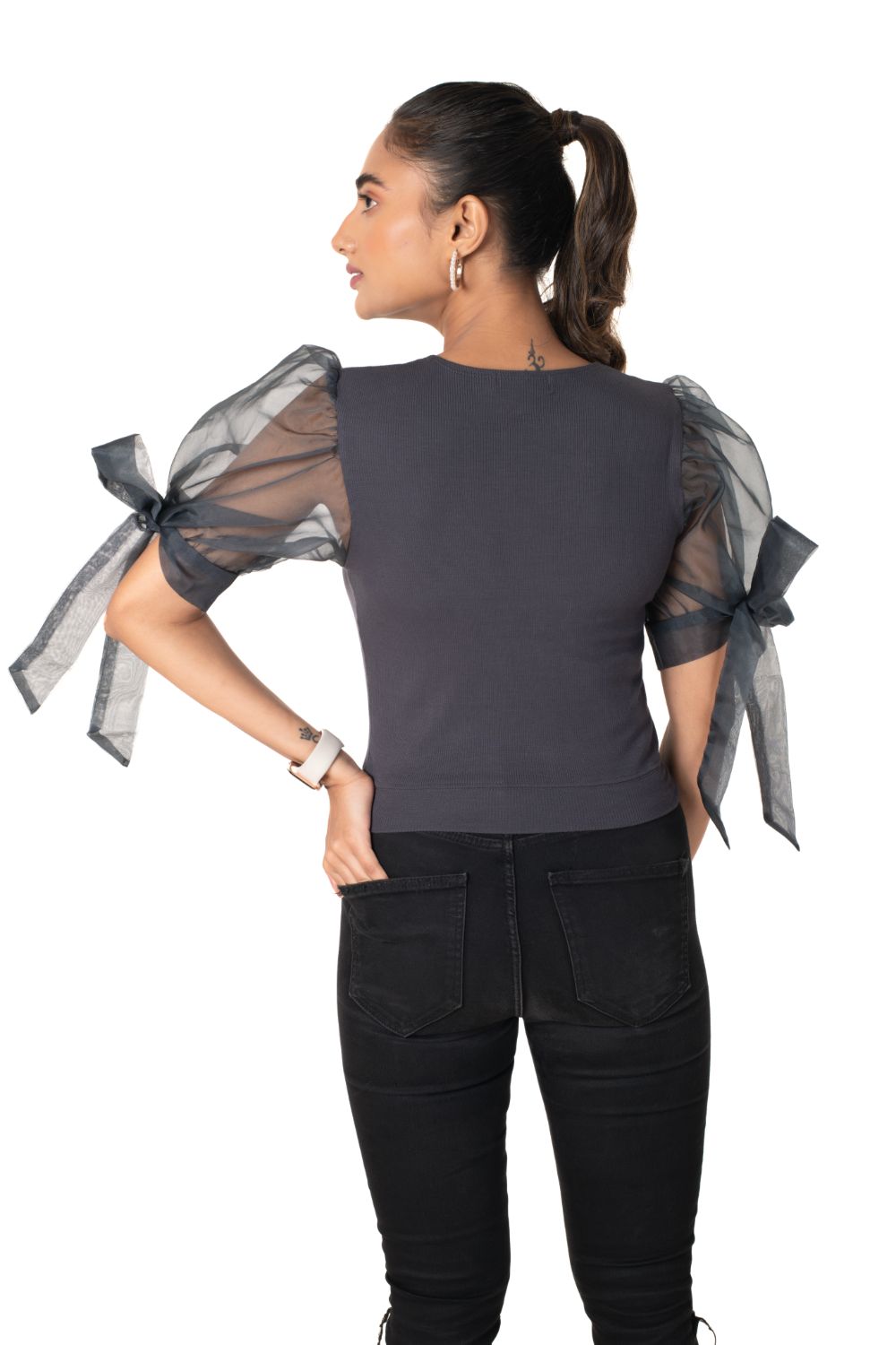 Round neck Blouses with Bow Tied-up Sleeves- Plus Size - Clay Grey - Blouse featured