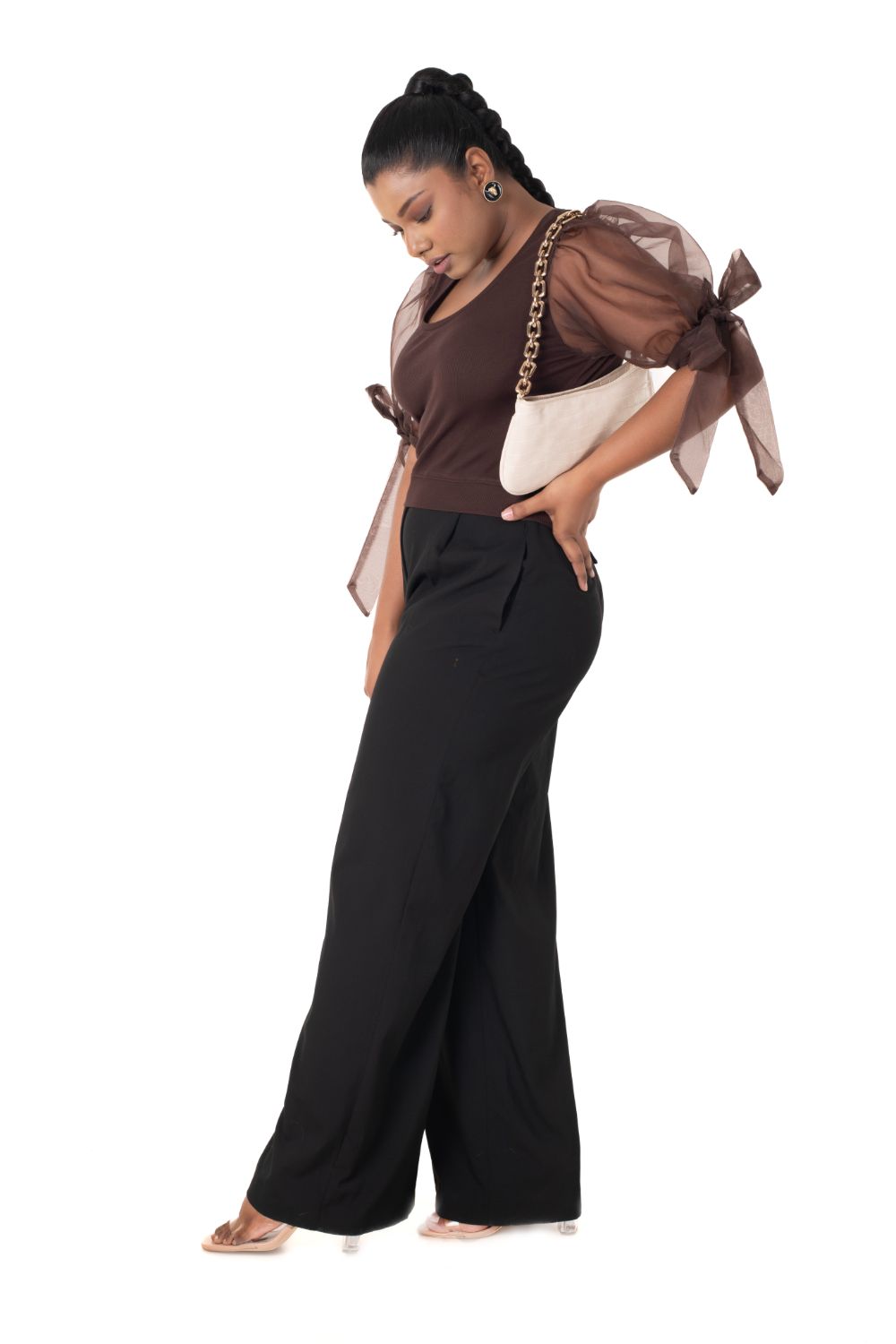 Round neck Blouses with Bow Tied-up Sleeves- Plus Size - Dark Brown - Blouse featured