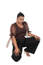 Load image into Gallery viewer, Round neck Blouses with Bow Tied-up Sleeves- Plus Size - Dark Brown - Blouse featured
