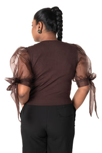 Round neck Blouses with Bow Tied-up Sleeves- Plus Size - Dark Brown - Blouse featured