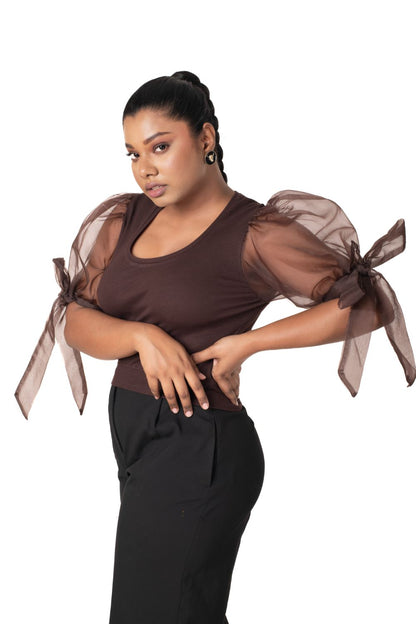 Round neck Blouses with Bow Tied-up Sleeves- Plus Size - Dark Brown - Blouse featured