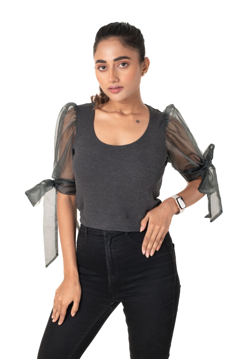 Round neck Blouses with Bow Tied-up Sleeves- Plus Size - Dark Grey - Blouse featured