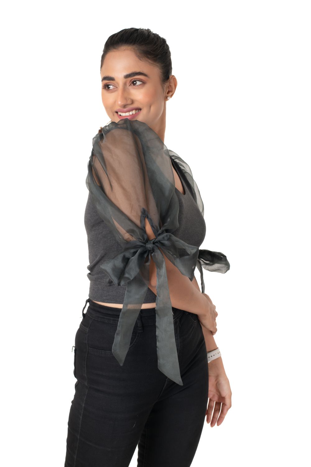 Round neck Blouses with Bow Tied-up Sleeves- Plus Size - Dark Grey - Blouse featured