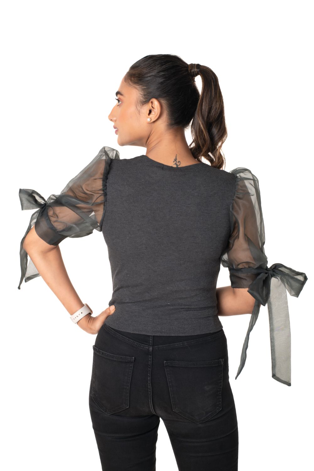 Round neck Blouses with Bow Tied-up Sleeves- Plus Size - Dark Grey - Blouse featured