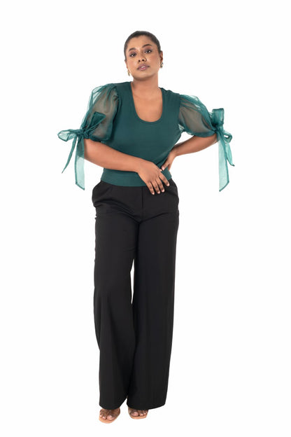 Round neck Blouses with Bow Tied-up Sleeves- Plus Size - Dark Green - Blouse featured