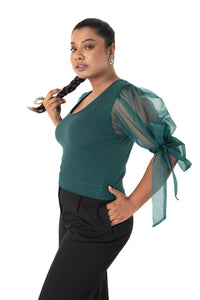 Round neck Blouses with Bow Tied-up Sleeves - Dark Green - Blouse featured